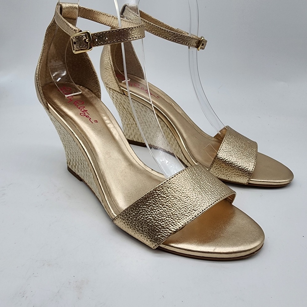 Lilly Pulitzer Bridgette Wedge Sandals Women's 8 Gold Metallic Ankle Strap Heels